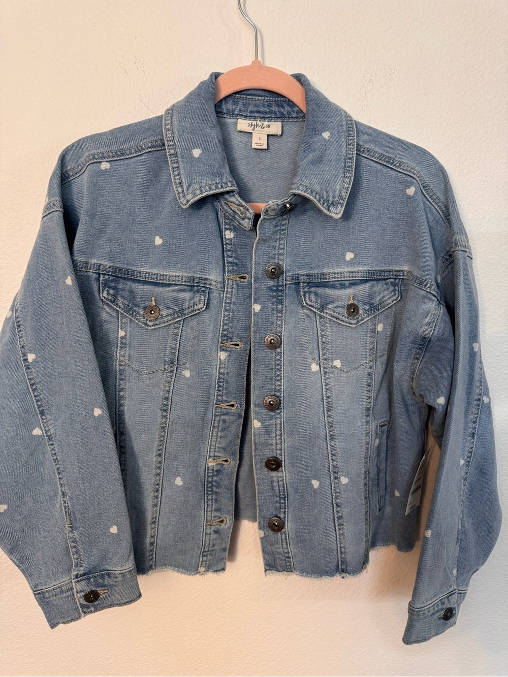 Style & Co. Light Blue Denim Jacket with White Heart Print